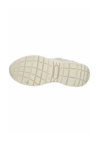 Sohle eines Sneakers mit einer strukturierten Gumm Oberfläche und runden sowie rechteckigen Profilen, überwiegend in einem hellbeigen Farbton.