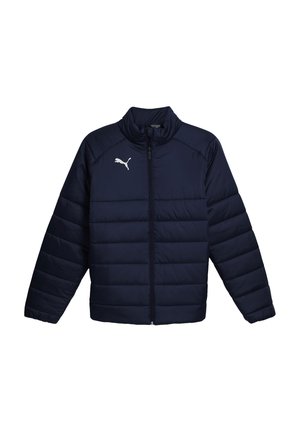 Marineblauwe gewatteerde jas met een hoge kraag, rits aan de voorkant, zijzakken en een wit logo op de bovenste linkerborst. Glad textuur, casual ontwerp.