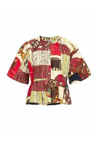 Multicolored short-sleeve blouse with a round neckline, featuring a patchwork design in red, green, and brown; includes a drawstring waist.