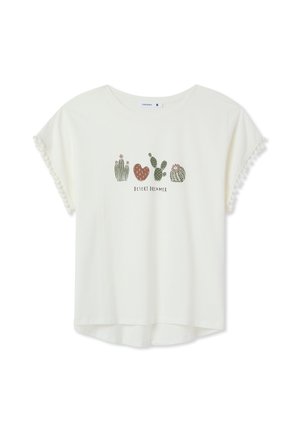 T-shirt a maniche corte color avorio con grafica di un cactus e testo "DESERT DREAMER". Rifinitura a pompon lungo le maniche. Materiale in cotone morbido.