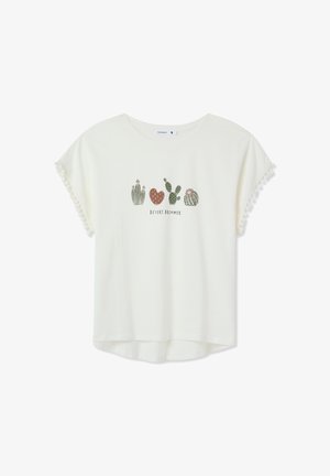 T-shirt a maniche corte color avorio con grafica di un cactus e testo "DESERT DREAMER". Rifinitura a pompon lungo le maniche. Materiale in cotone morbido.