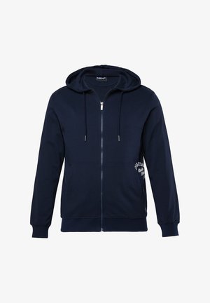 Granatowa bluza z kapturem zapinana na zamek, wykonana z bawełny. Posiada kaptur ze ściągaczem, dwie przednie kieszenie oraz nadrukowane logo po bokach. Gładka tekstura.