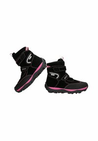 Stivaletti neri alla caviglia con accenti rosa, realizzati in suede e tessuto. Caratterizzati da cinturini regolabili, suole testurizzate e doppio cucitura per una maggiore durata.