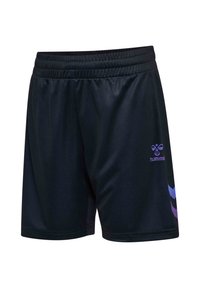 Schwarze Sportshorts mit elastischem Bund, versehen mit einem lila Logo und Zickzack-Akzenten in lila Tönen an der Seite. Glatte Textur.