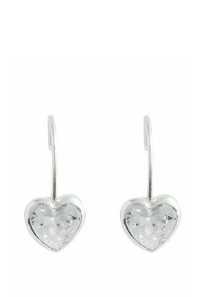 Silberne Herz-förmige Ohrringe mit klaren facettierten Steinen, mit einfachen Haken für durchbohrte Ohren.