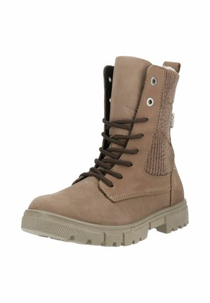 Stivaletto marrone con lacci, suola chunky, collarino imbottito e pannello in tessuto lavorato sul retro.