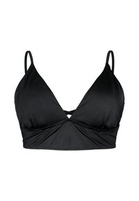Top bikini triangolo nero con sottili spalline regolabili e dettaglio incrociato nella parte frontale centrale.