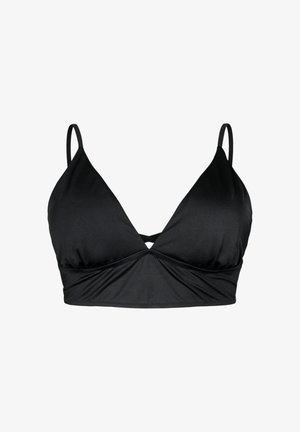 Bralette nero con spalline sottili regolabili, coppe triangolari e un piccolo dettaglio incrociato al centro frontale.