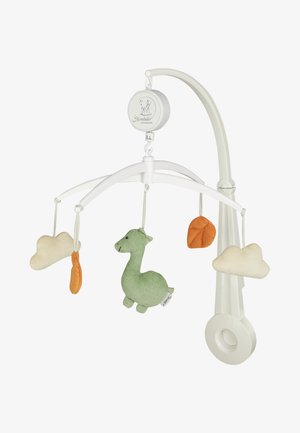 Mobile baby toy with a white plastic arm, features green dinosaur, orange leaf, and cream cloud hanging toys made of soft fabric.
