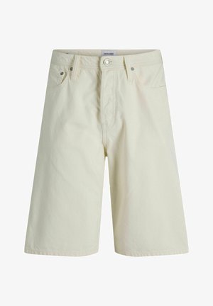 Elfenbeinfarbene, mittellange Jeansshorts mit vorderer Knopfleiste, Reißverschluss, Gürtelschlaufen und Fünf-Taschen-Design.