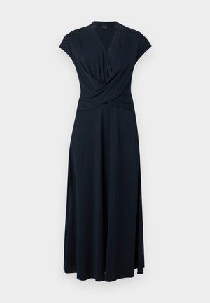 Robe maxi noire à manches courtes, décolleté en V, corsage cache-cœur et jupe fluide, présentée sur un fond clair uni.