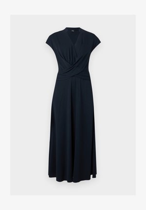 Robe maxi noire à manches courtes, décolleté en V, corsage cache-cœur et jupe fluide, présentée sur un fond clair uni.