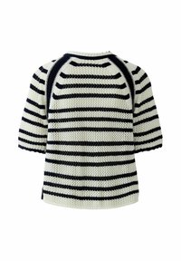 Pull court à manches courtes en tricot blanc avec des rayures horizontales noires et une texture côtelée, vu de dos sur un fond blanc.