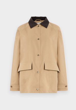Béžový kabát s hnedým kordovým golierom, cvokmi, dvoma prednými vreckami a mierne voľným strihom. Vyrobený z odolnej látky s hladkou textúrou.