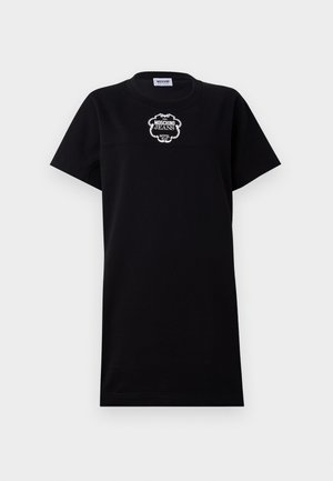 Black cotton t-shirt dress with short sleeves. Features a white embroidered logo "Moschino Jeans Hotel" at the chest. Simple and straight-cut design.