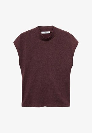 Burgundská blúzka s krátkym rukávom a okrúhlym výstrihom, vo voľnom strihu, vyrobená z jemnej látky, s hladkým povrchom a jemnými stehmi.