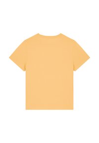 Korte mouwen T-shirt van effen pastelgeel katoen. Heeft een ronde halslijn en een rechte snit. Soepele textuur zonder patronen of accenten.