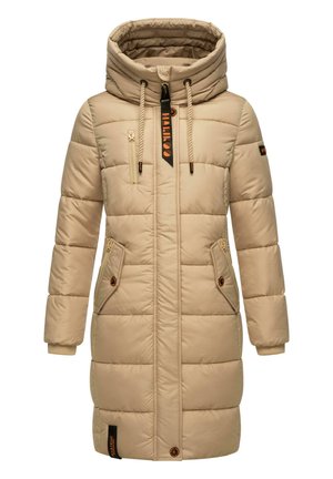 Beige padded coat with a high collar, front zip pockets, drawstring hood, and contrasting orange accents. Features quilted texture and ribbed cuffs.