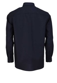 Marineblaues Langarmhemd mit klassischem Kragen, Knopfmanschetten und einer glatten Textur. Die Rückansicht zeigt ein schlichtes Design ohne Muster.