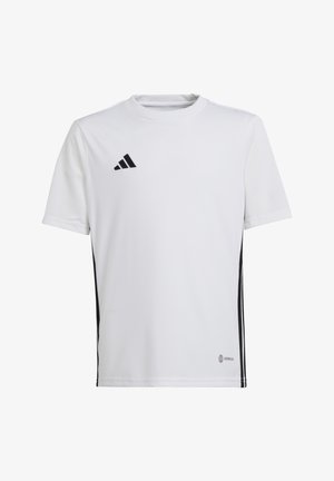 Bílé sportovní tričko s krátkými rukávy, se černými akcenty, texturovanými síťovinovými panely a černým logem Adidas na levé hrudi.