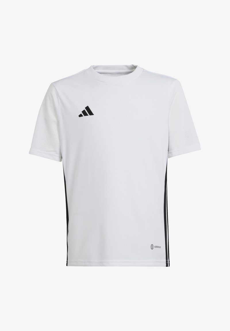 Camiseta deportiva blanca de manga corta, con detalles en negro, paneles de malla texturizada y un logo negro de Adidas en el lado izquierdo del pecho.