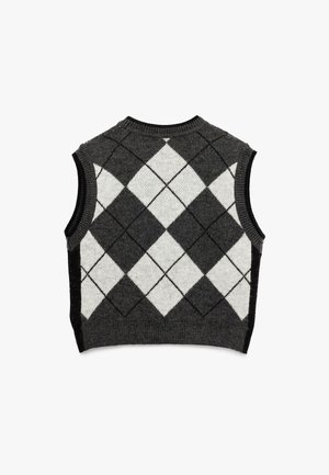 Ärmellose Strickweste in Dunkelgrau und Weiß mit einem Argyle-Muster, geripptem Ausschnitt und einfarbigen schwarzen Seitenpaneelen.