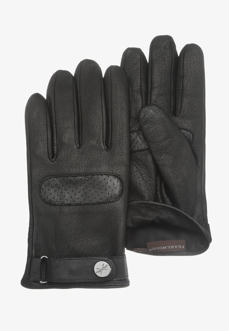 Par sorte læderhandsker med perforeret lap på bagsiden, justerbar rem med knap og blød inderforing.