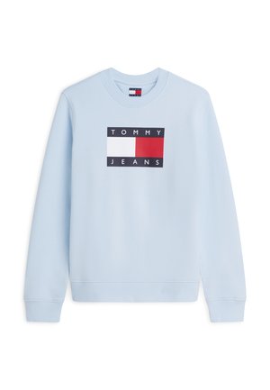 Felpa girocollo azzurro chiaro con polsini e orlo a costine, caratterizzata da un logo rettangolare Tommy Jeans in bianco, rosso e blu navy sul petto.