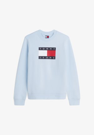 Lichtblauwe crewneck sweater met geribbelde manchetten en zoom, voorzien van een rechthoekig Tommy Jeans-logo in wit, rood en marineblauw op de borst.