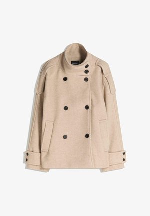 Beige gyapjú keverék kabát dupla soros gombolással, fekete gombokkal, vállapokkal és oldalzsebekkel. Textúrált anyag, mely puha tapintású.