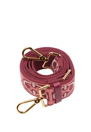 Cinghia in tessuto di un rosa intenso, con un motivo e hardware dorato. Accento in pelle liscia al centro e attacchi a clip a entrambe le estremità.