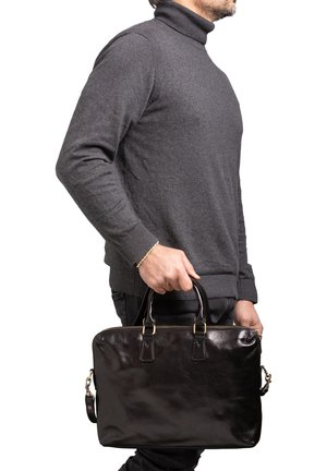 Black leather laptop bag with dual handles, zip closure, and a detachable shoulder strap, displayed against a plain background.