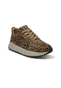 Leopard print sneaker with beige laces, textured fabric upper, white midsole, and black rubber outsole. Features rounded toe design.