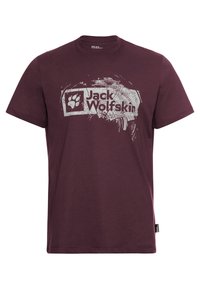 Bordeauxkleurig T-shirt van katoen met een grafische print van het "Jack Wolfskin"-logo met een pootontwerp in grijs. Klassiek ronde hals ontwerp.