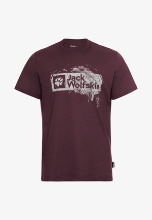 Bordeauxrotes T-Shirt aus Baumwolle mit einem grafischen Druck des "Jack Wolfskin"-Logos, das ein Pfotenmotiv in Grau zeigt. Klassisches Rundhalsdesign.
