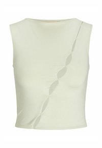 Top corto senza maniche in tessuto verde chiaro con una texture liscia. Presenta una fila di ritagli ovali lungo il lato, collegati da piccoli bottoni.