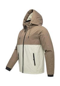 Giacca con cappuccio bicolore marrone e beige, con zip frontale e tasche laterali con zipper, esposta su uno sfondo bianco.