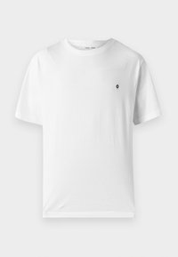 White cotton t-shirt with a round neck, short sleeves, and a small black logo on the chest. Soft texture, casual fit.