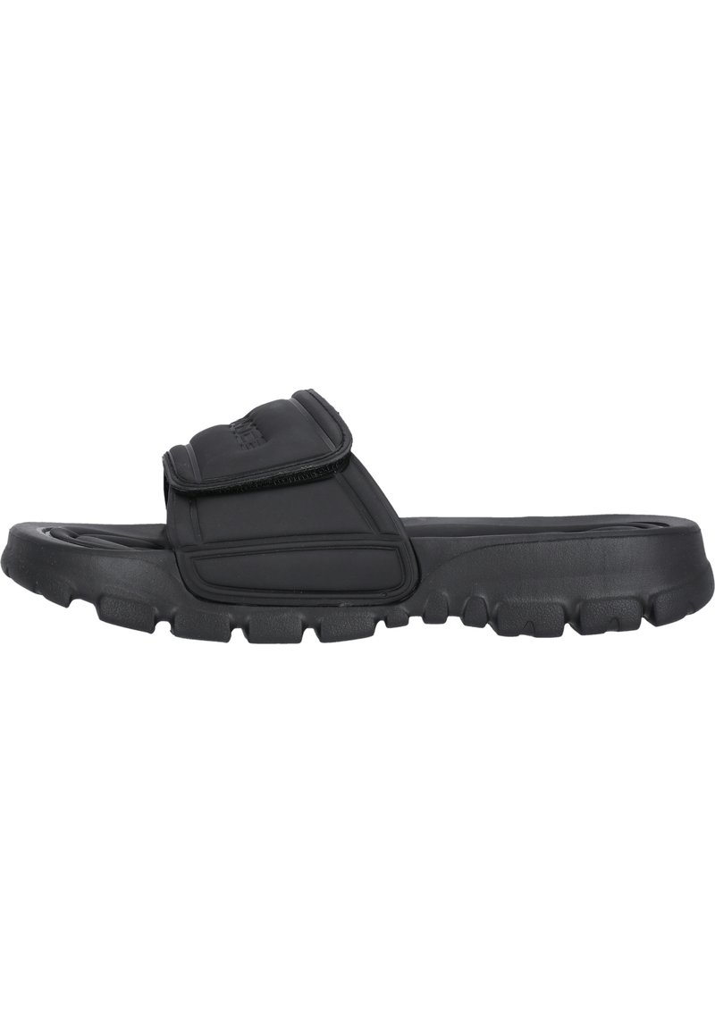 Black rubber slide sandal with wide strap and textured surface, featuring a molded sole with grooves for traction and durability.
