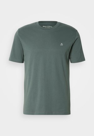 Green cotton t-shirt with a crew neckline. Features short sleeves and a small white “MOP” logo on the left chest. Smooth texture.