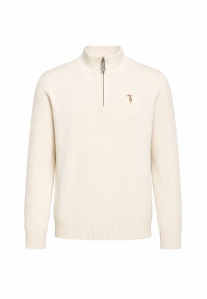 Maglione a maniche lunghe color crema con zip a un quarto e piccolo logo ricamato marrone di uccello sul petto sinistro.