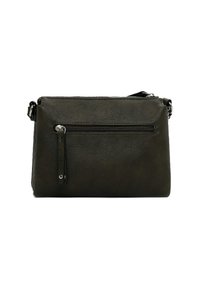 Borsa a tracolla in pelle verde scuro con chiusura a zip, tasca frontale e tracolla regolabile; texture liscia con design minimalista.