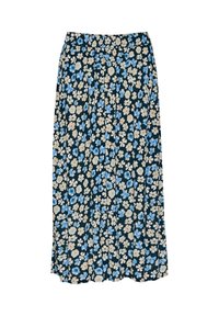 Maxi-rok met bloemenprint op een donkerblauwe achtergrond, voorzien van lichtblauwe en crèmekleurige bloemen, geplooid ontwerp en elastische tailleband voor comfort.