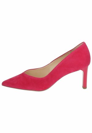 Pink suede high-heeled pump with pointed toe, featuring a smooth inner lining and a slim heel with a color-matched base.