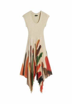 Robe beige à manches courtes avec une jupe plissée fluide ornée de motifs abstraits colorés en orange, vert et marron. Ourlet asymétrique.