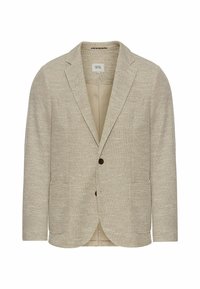 Helle beige Blazer aus strukturiertem Stoff, mit einer braunen Knopfleiste, zwei vorderen Taschen und Reverskragen. Futter im Innenbereich.