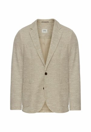 Helle beige Blazer aus strukturiertem Stoff, mit einer braunen Knopfleiste, zwei vorderen Taschen und Reverskragen. Futter im Innenbereich.