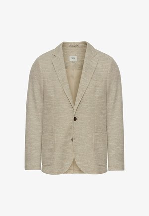 Jasnobeżowy żakiet z teksturowanej tkaniny, z pojedynczym brązowym zapięciem na guzik, dwoma przednimi kieszeniami i klapami. Podszewka wewnętrzna.