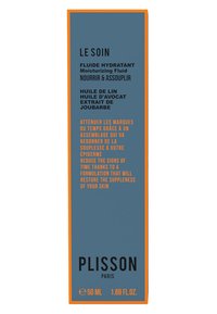 Feuchtigkeitsspendende Flüssigkeit in einer 50 ml Flasche mit blauer Vorderseite und orangefarbenen Akzenten. Der Text hebt die Inhaltsstoffe und die Hautvorteile hervor. Modernes rechteckiges Design.