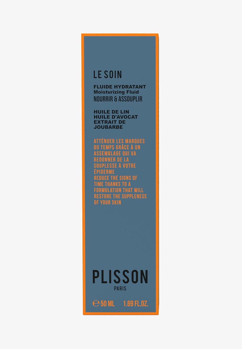 Feuchtigkeitsspendende Flüssigkeit in einer 50 ml Flasche mit blauer Vorderseite und orangefarbenen Akzenten. Der Text hebt die Inhaltsstoffe und die Hautvorteile hervor. Modernes rechteckiges Design.